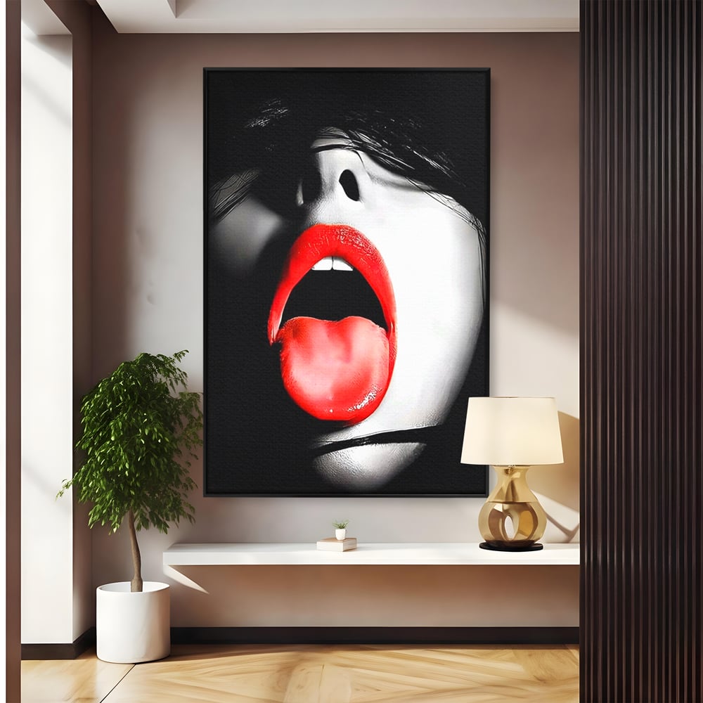 Tablou canvas cu tablou canvas cu buze si limba rosie, in rama de aluminiu negru